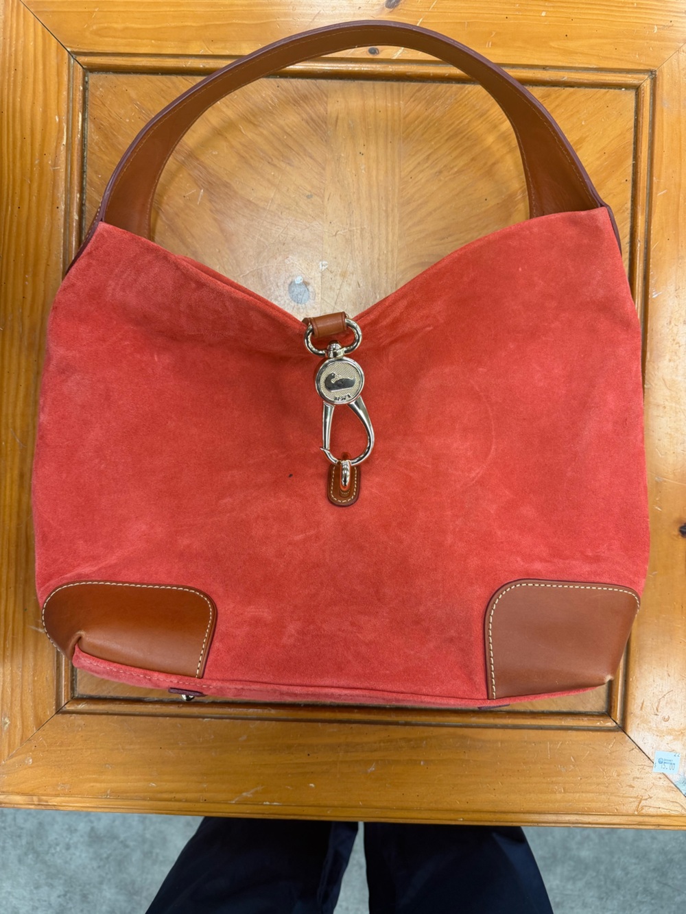 Dooney & Bourke Red Suede Tote with Brown Leather Trim